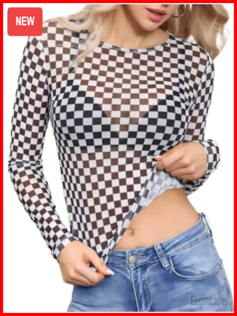 Sheer Mesh Lace Long Sleeve Fitted Blouse Crew Neck Party Top